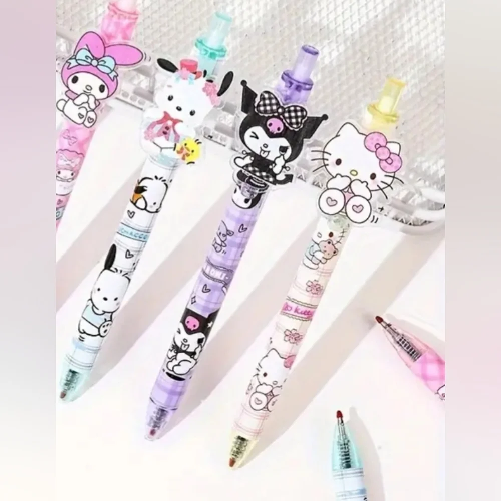 Set of 6, Hello Kitty & Friends Pens Sanrio Kuromi Melody Pom Cinnamoroll